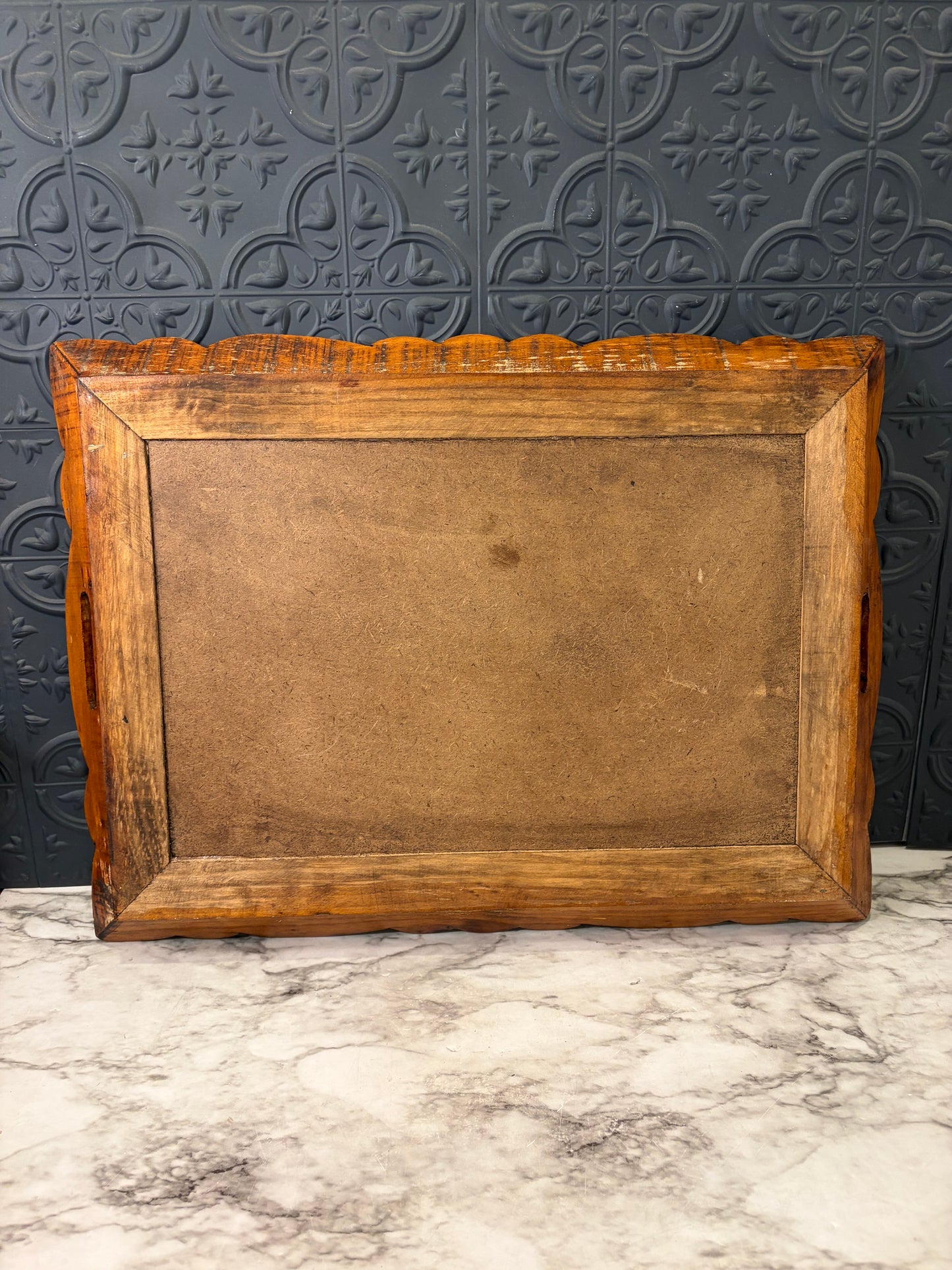 Wood Carved Serving Tray with Foral Ceramic Tiles