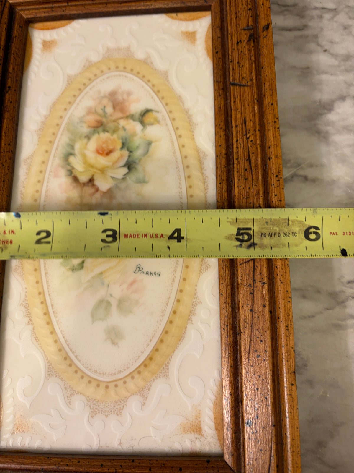 Decorative Floral Tile Framed in Rectangle Wood Frame