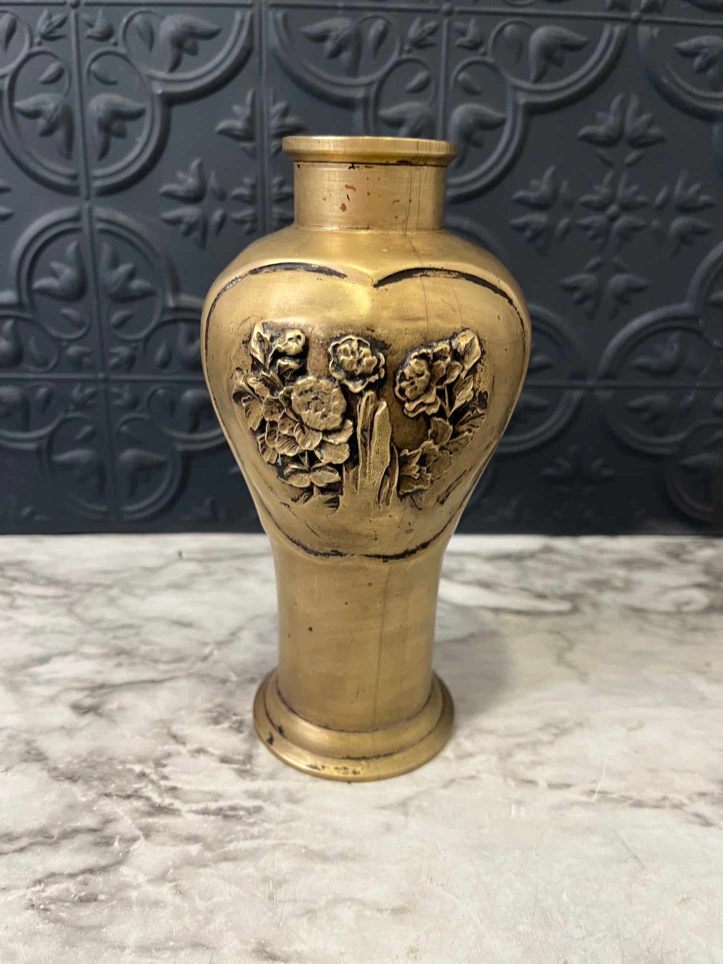 Antique Japanese Brass Vase with Botanicals