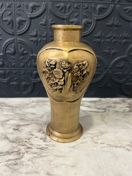 Antique Japanese Brass Vase with Botanicals