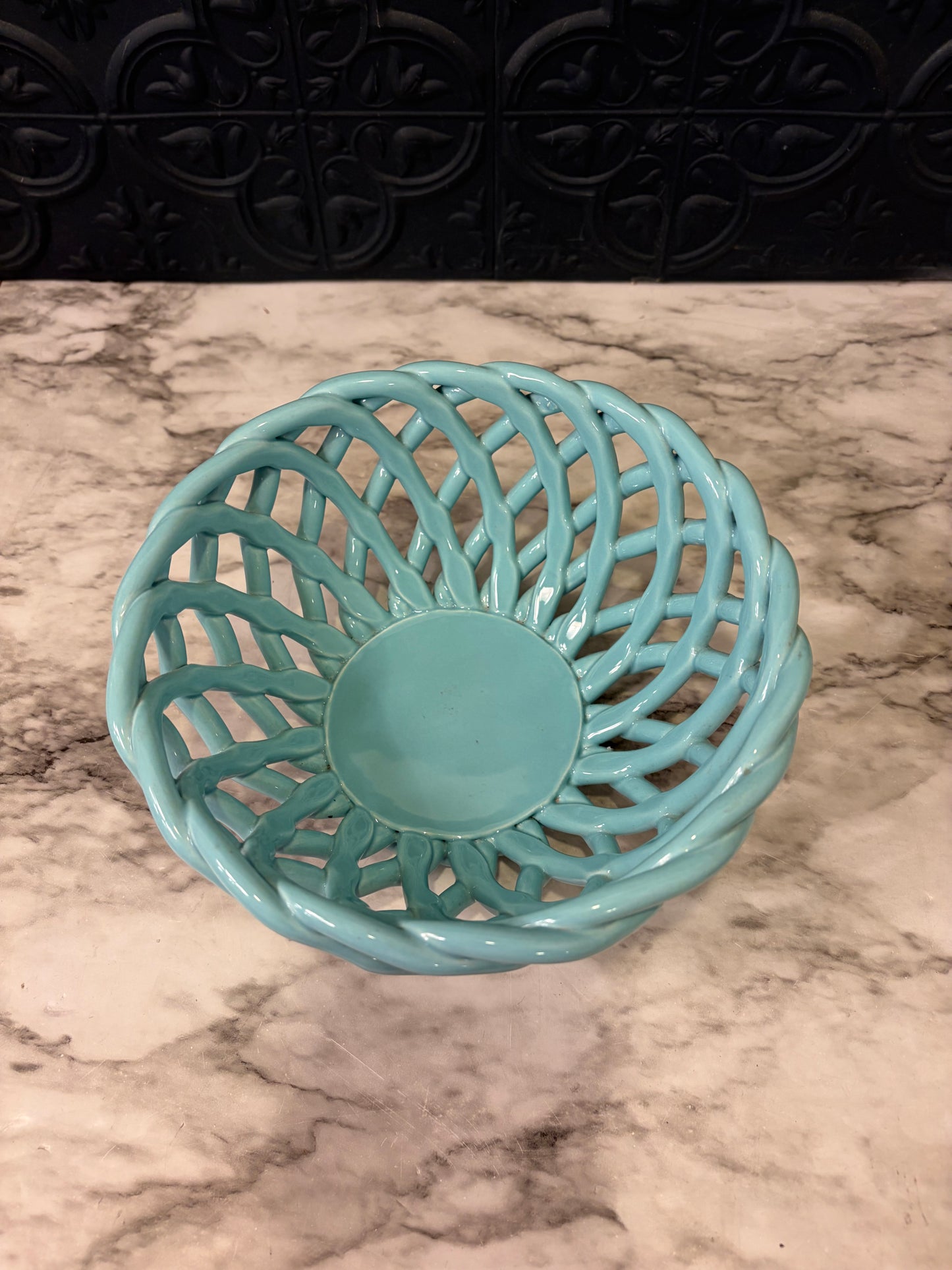 Aqua Ceramic Open Weave Bowl
