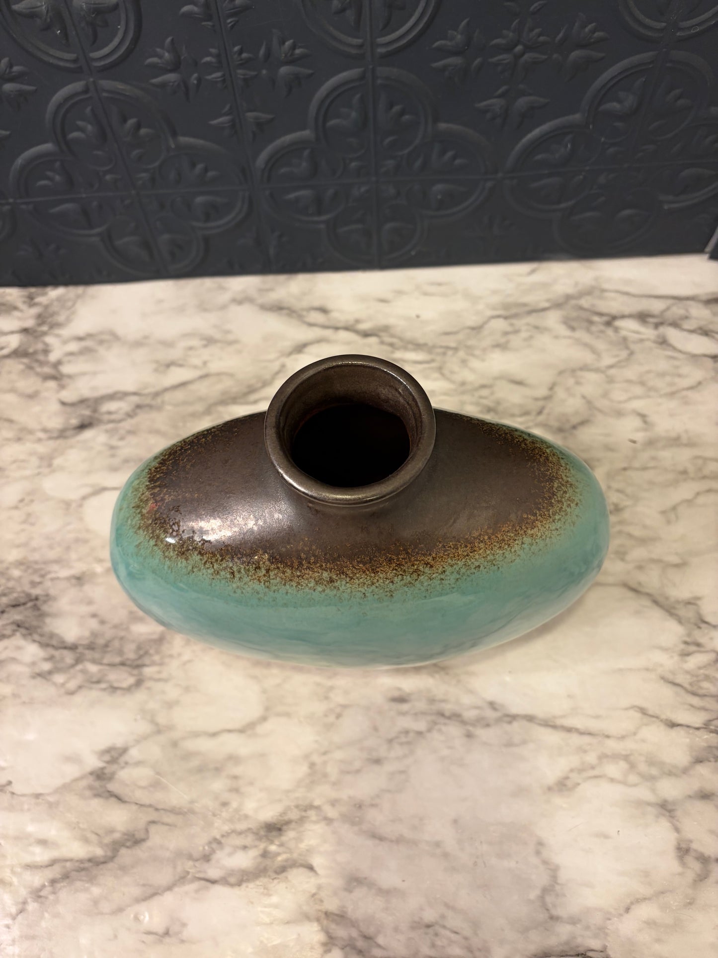 Blue Pottery Vase with Blue Rim Oval Shape