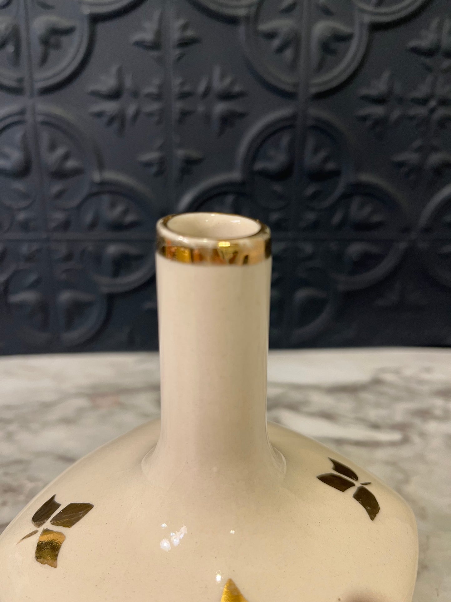 Cream and Gold Bud Vase with Leaf Pattern