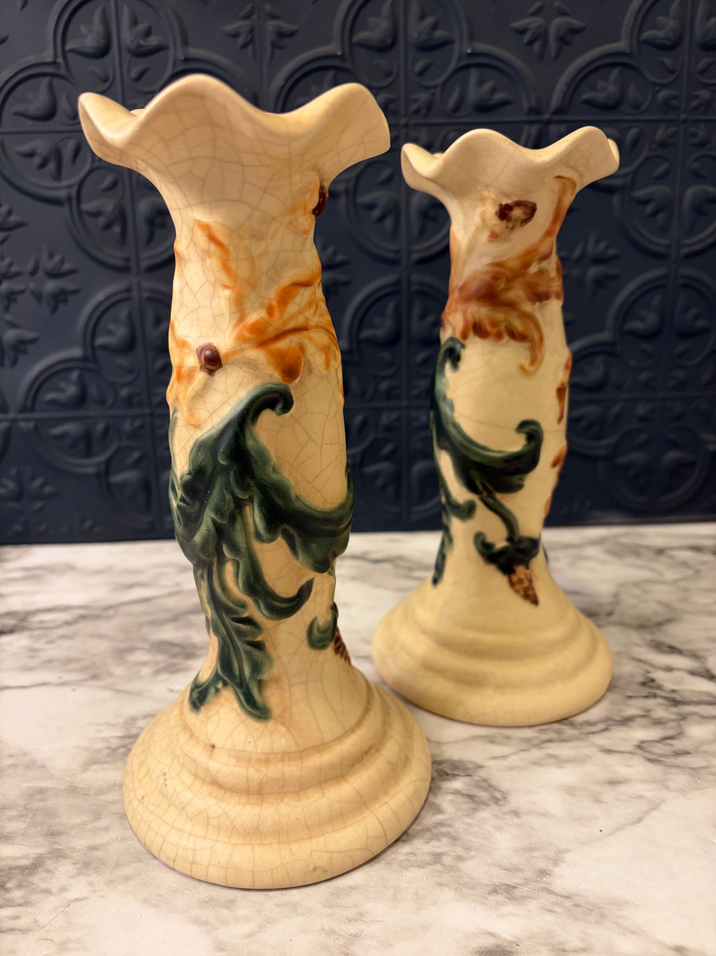 Pair of Cream Candle Holders with Green and orange