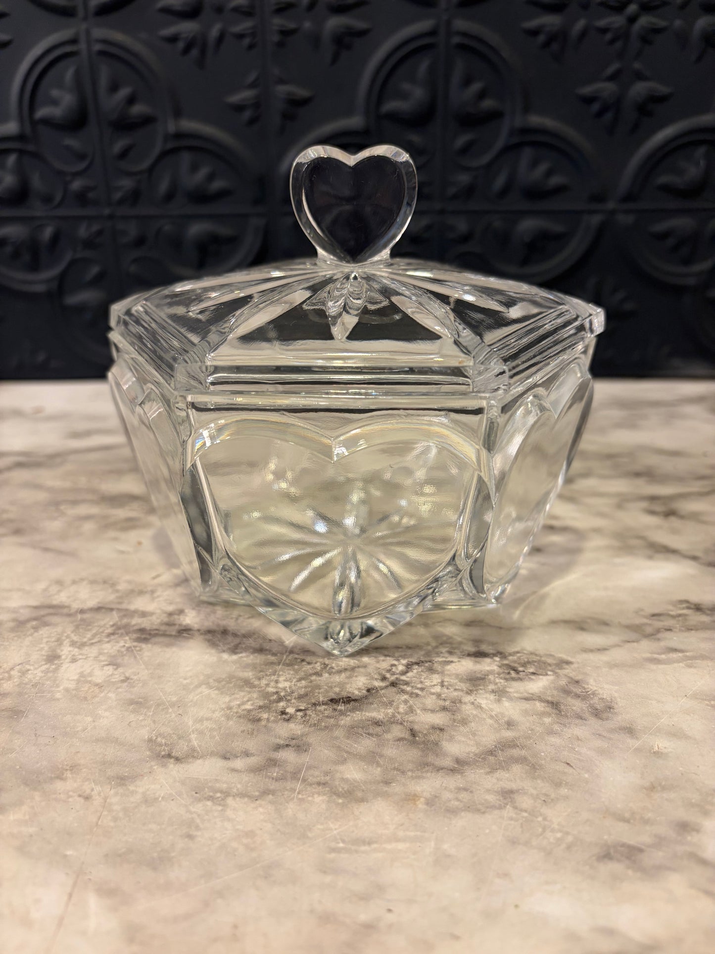 Czech Crystal Heart Hexagon Dish with Lid