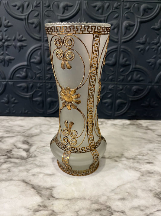 Vintage Glass Vase With Gold Decor