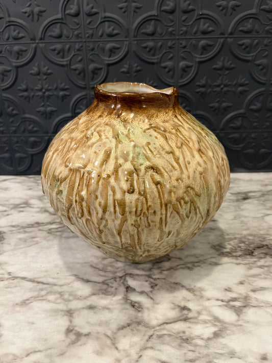 Tan Textured Vase with Brown Rim