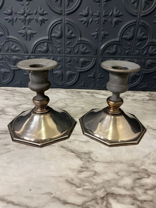 Silver Plate Candle Holder Octagon Base set of 2