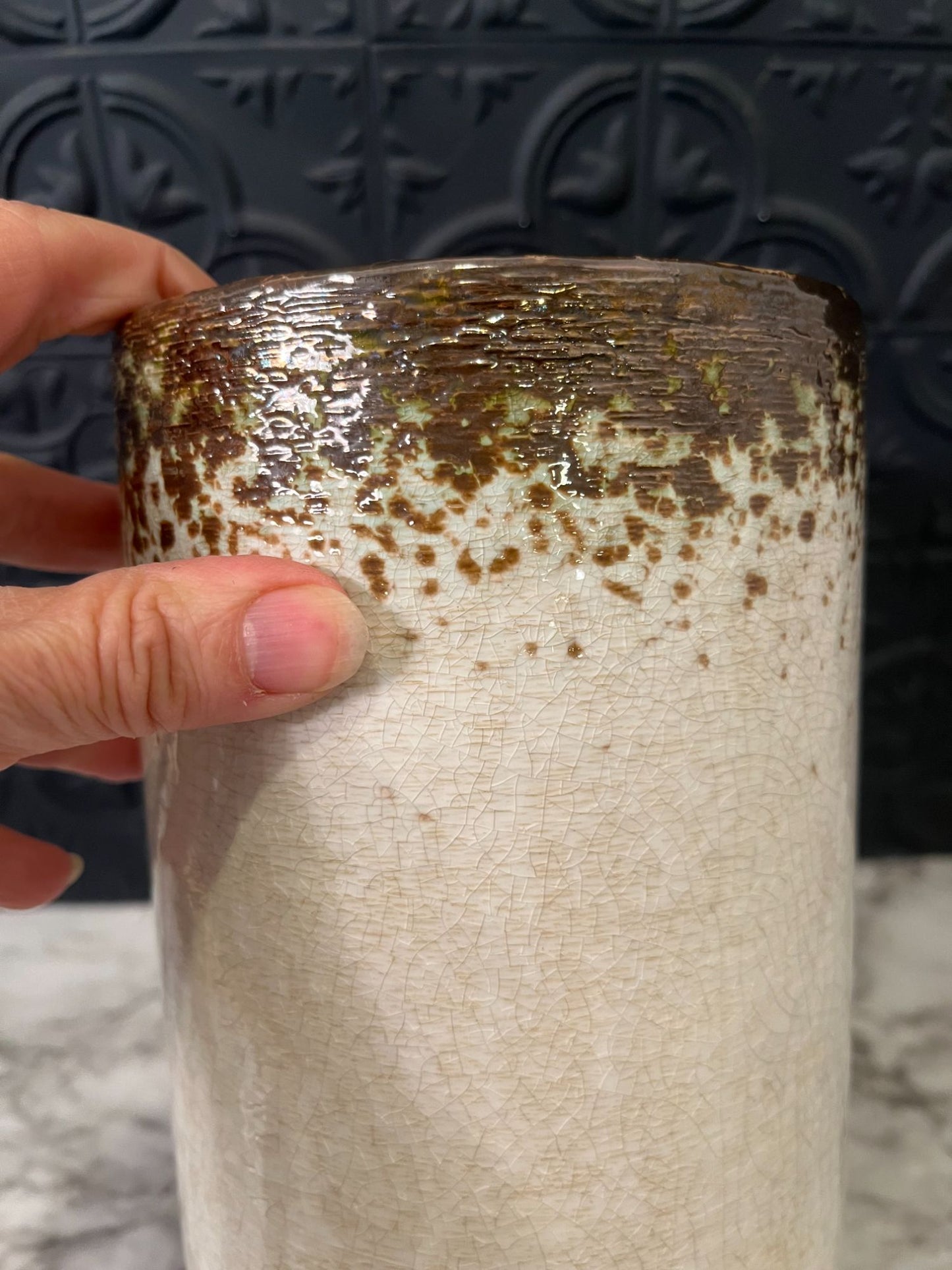 Tall Cylinder Style Vase with Metallic Rim