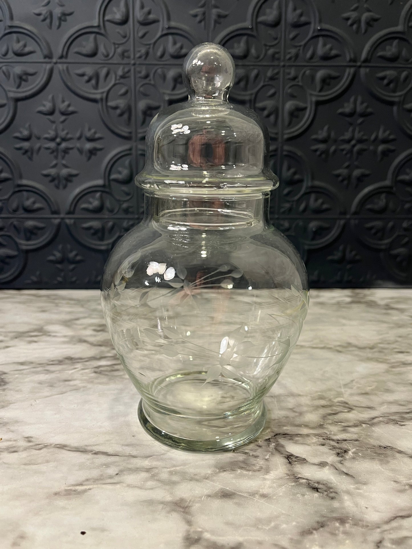 Etched Glass Apothecary Jar with Lid