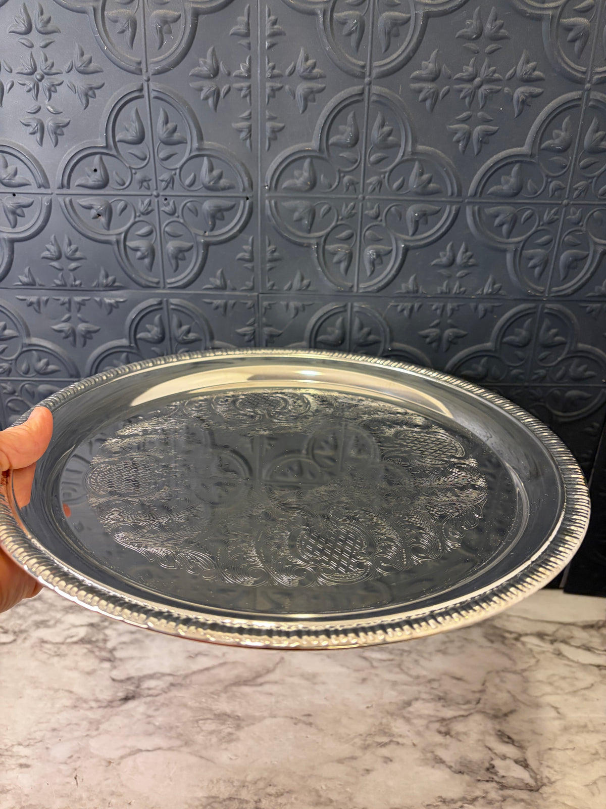 12" Etched Silver Plate Tray Made in Hong Kong