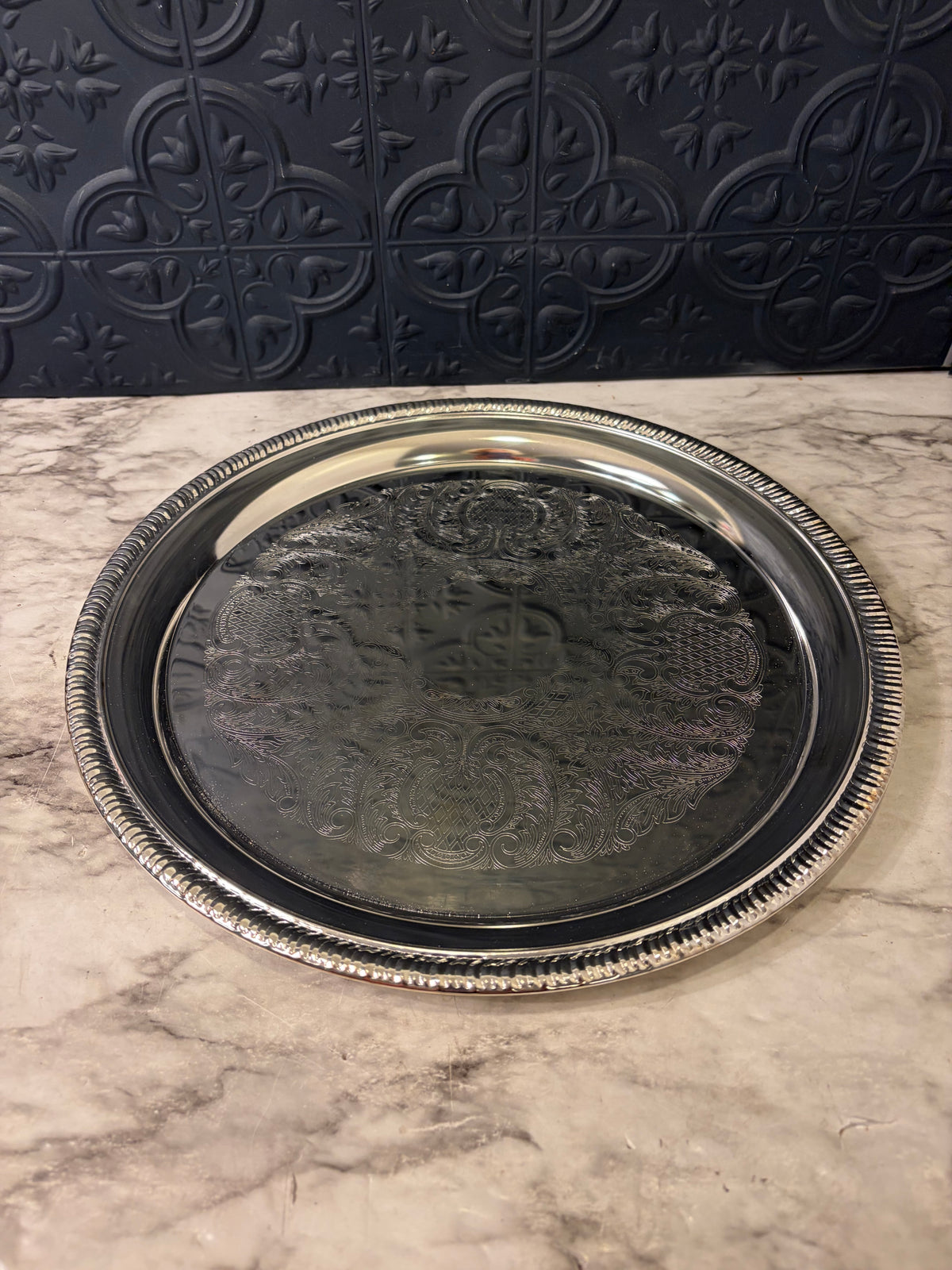 12" Etched Silver Plate Tray Made in Hong Kong