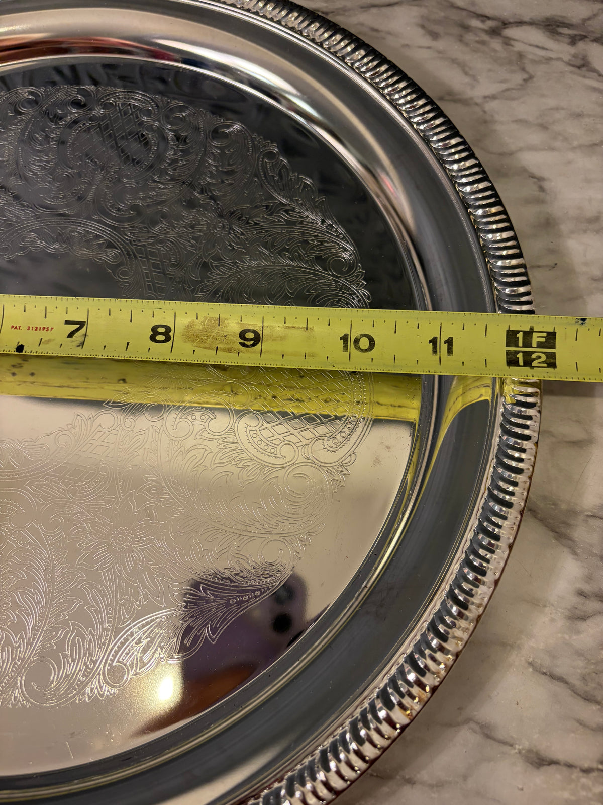 12" Etched Silver Plate Tray Made in Hong Kong