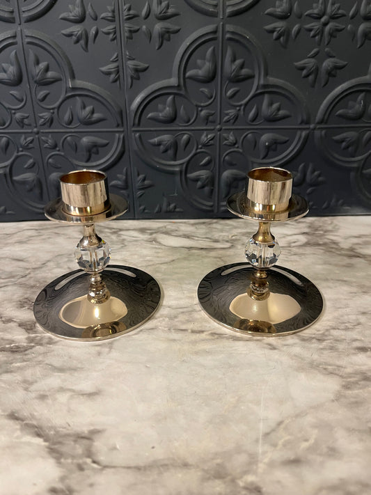 Silver Plate and Crystal Candle Holders x 2