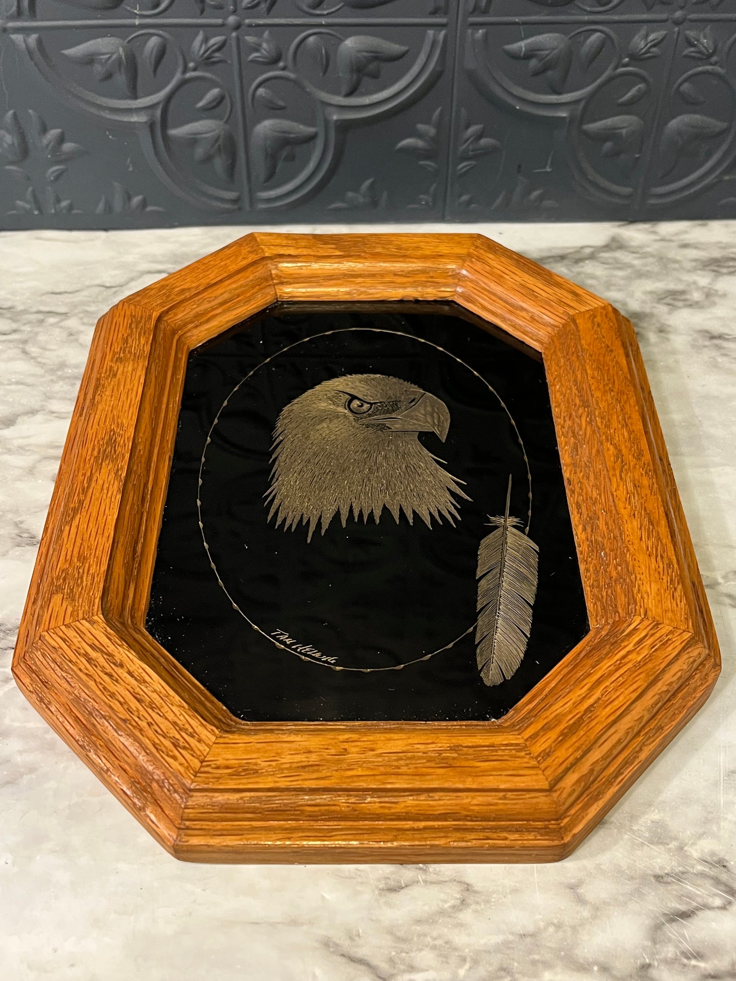 Etched Eagle Head with Feather