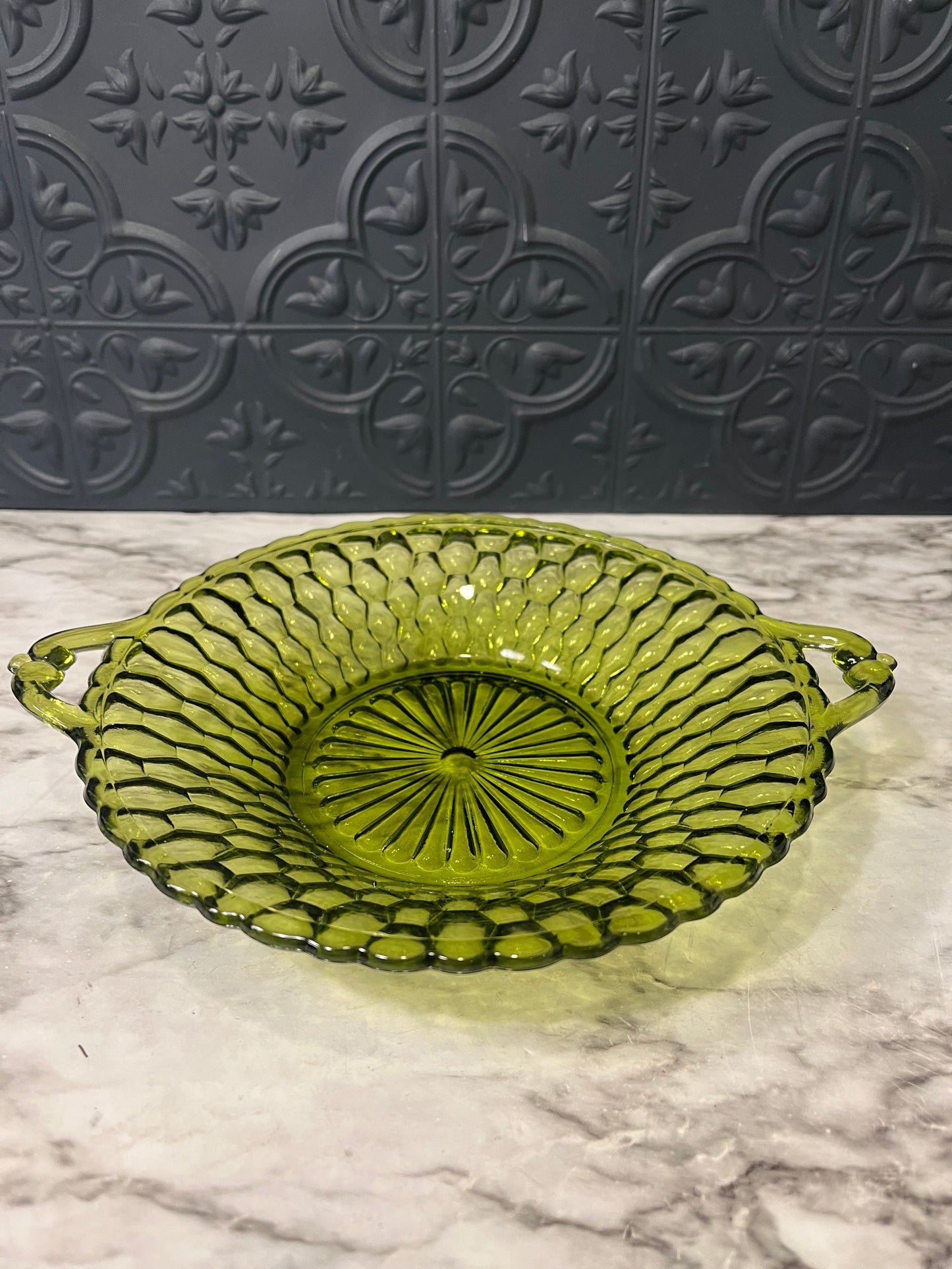 Indiana Glass Green Honeycomb Dish with Handles