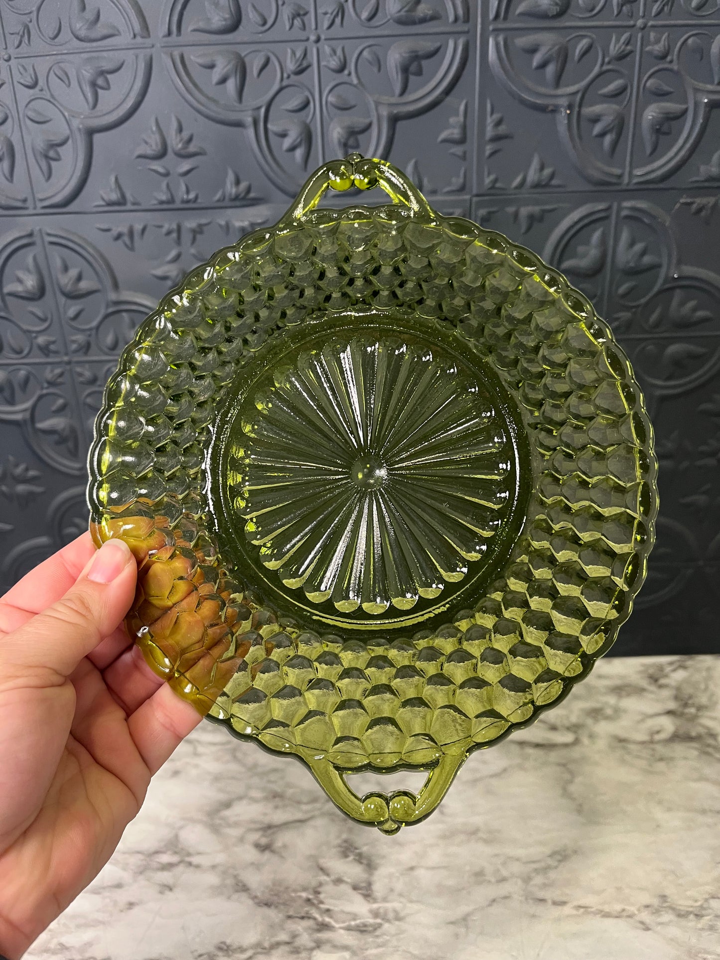 Indiana Glass Green Honeycomb Dish with Handles
