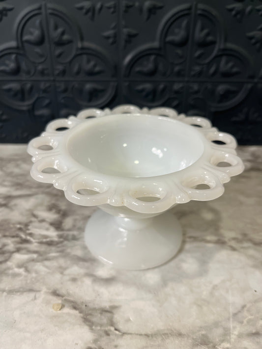 Lace Edge Milk Glass pedestal Bowl