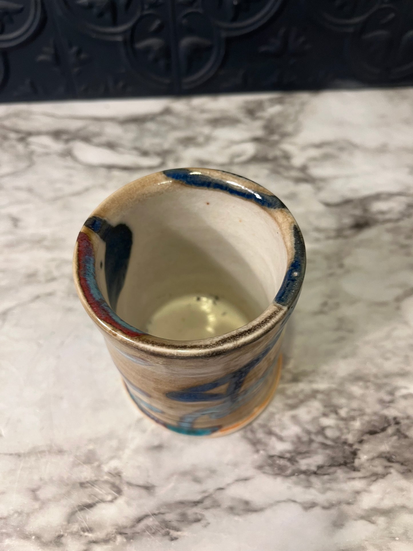 Studio Pottery Tall Cup with Bluish Lines