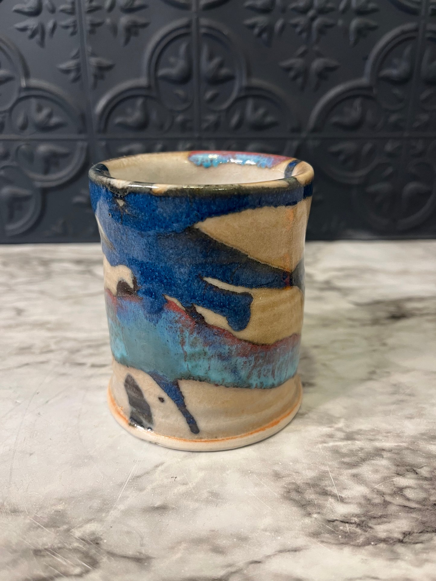 Studio Pottery Tall Cup with Bluish Lines