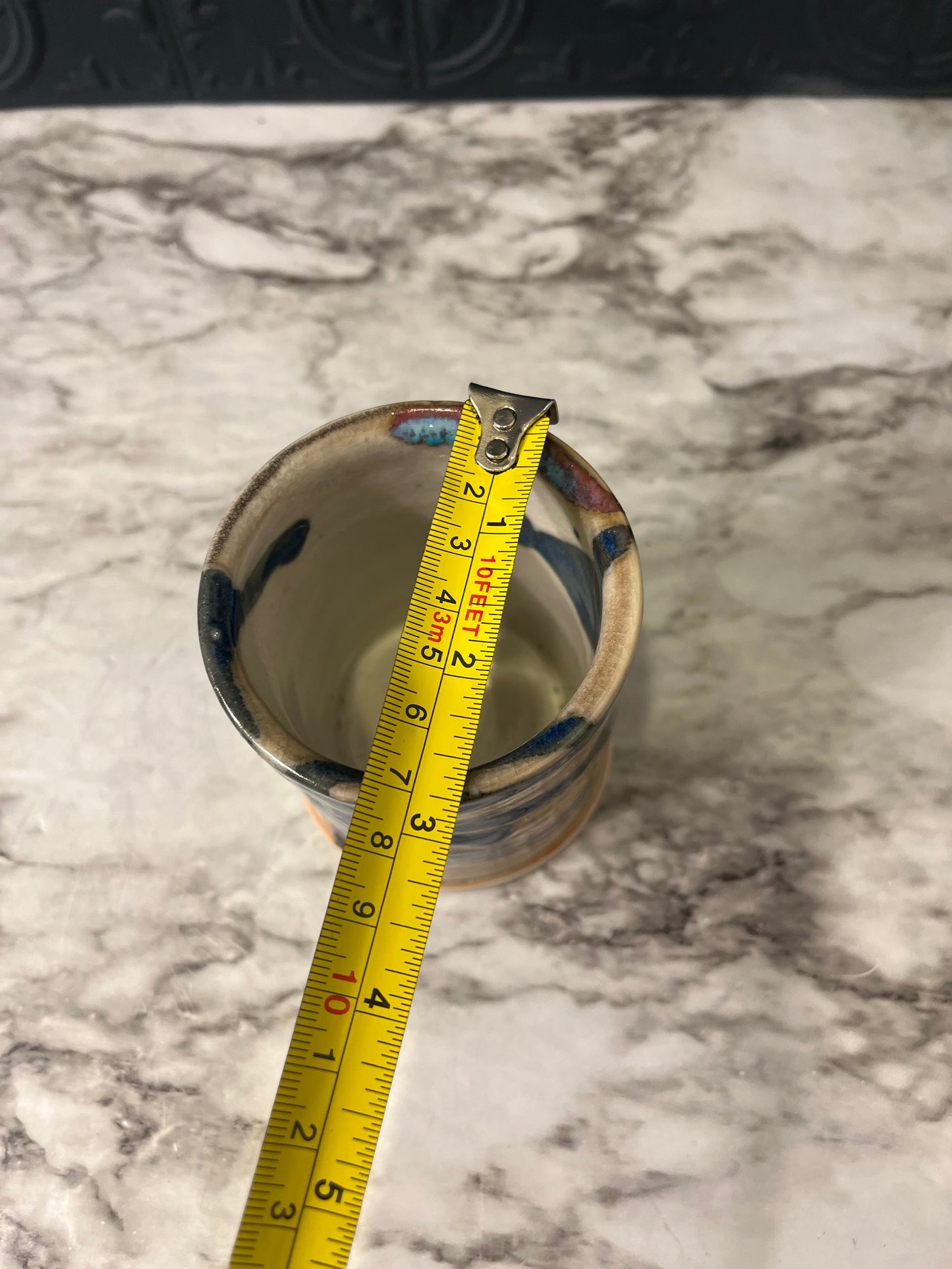 Studio Pottery Tall Cup with Bluish Lines