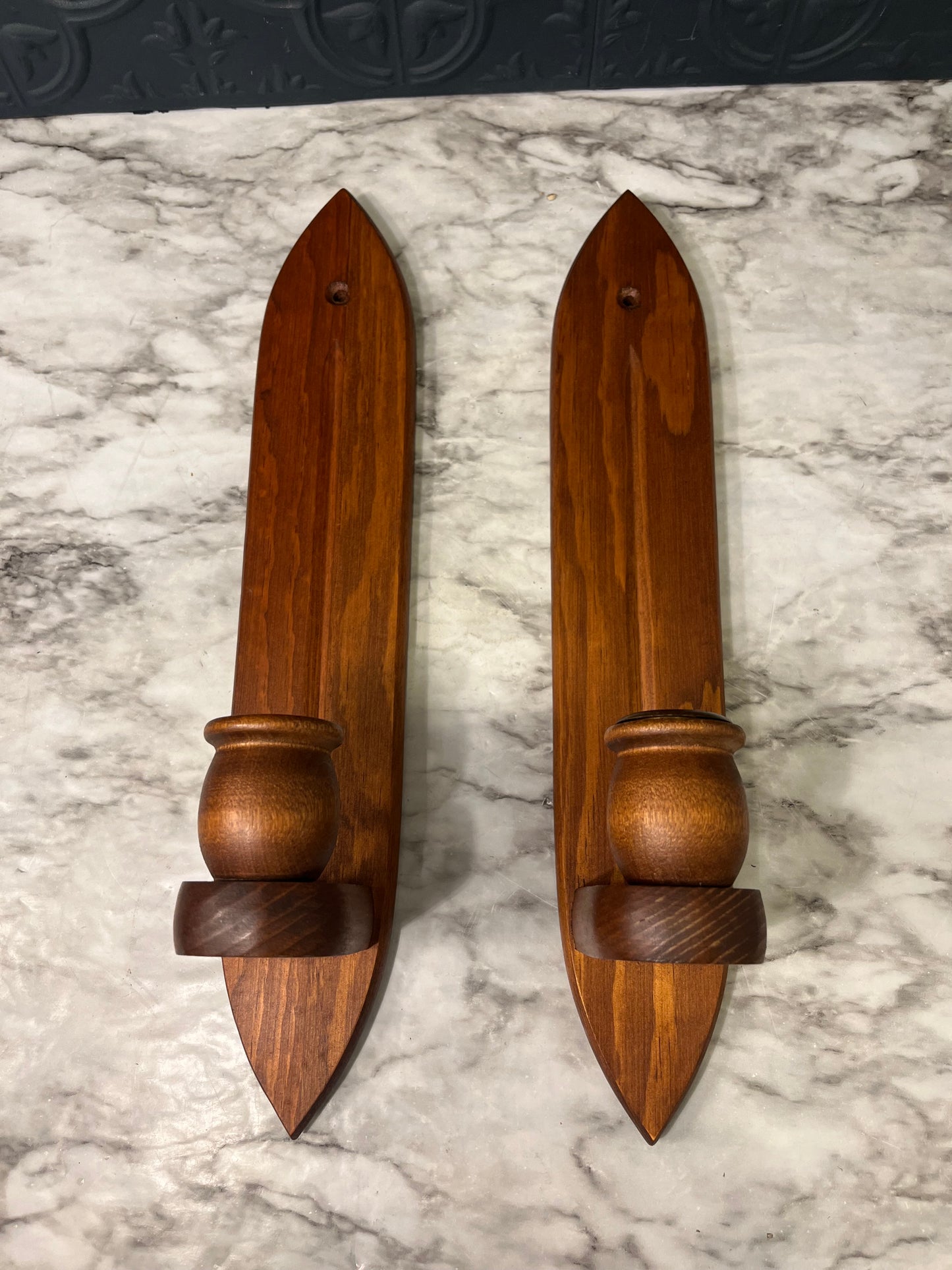 Wood Candle Sconces x 2 Pointed Oval with Larger Candle cup