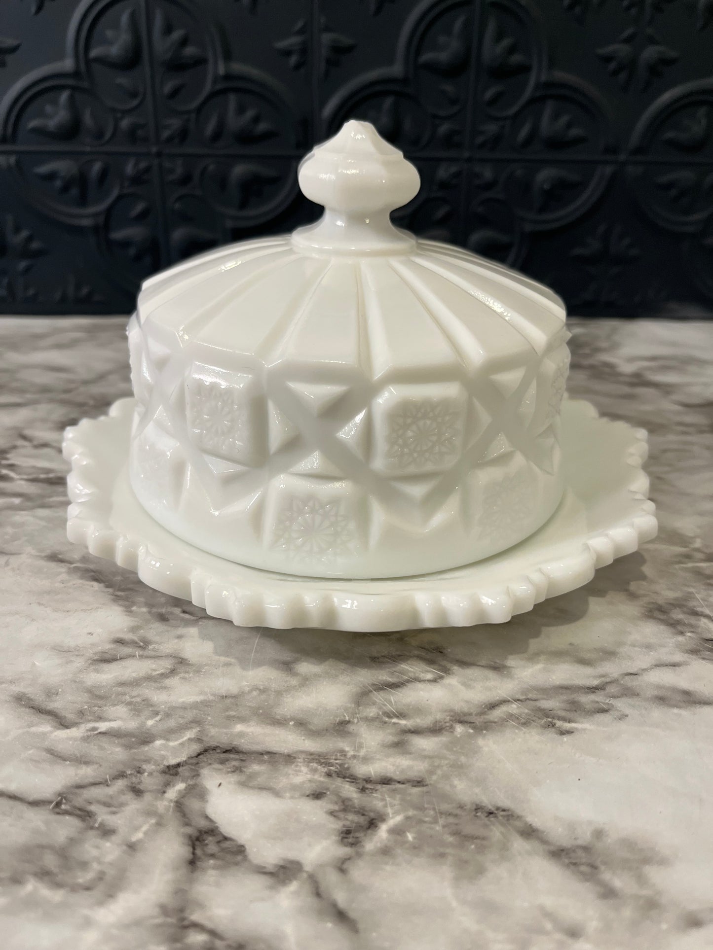 Westmorland Old Quilt Milk Glass Covered Dish