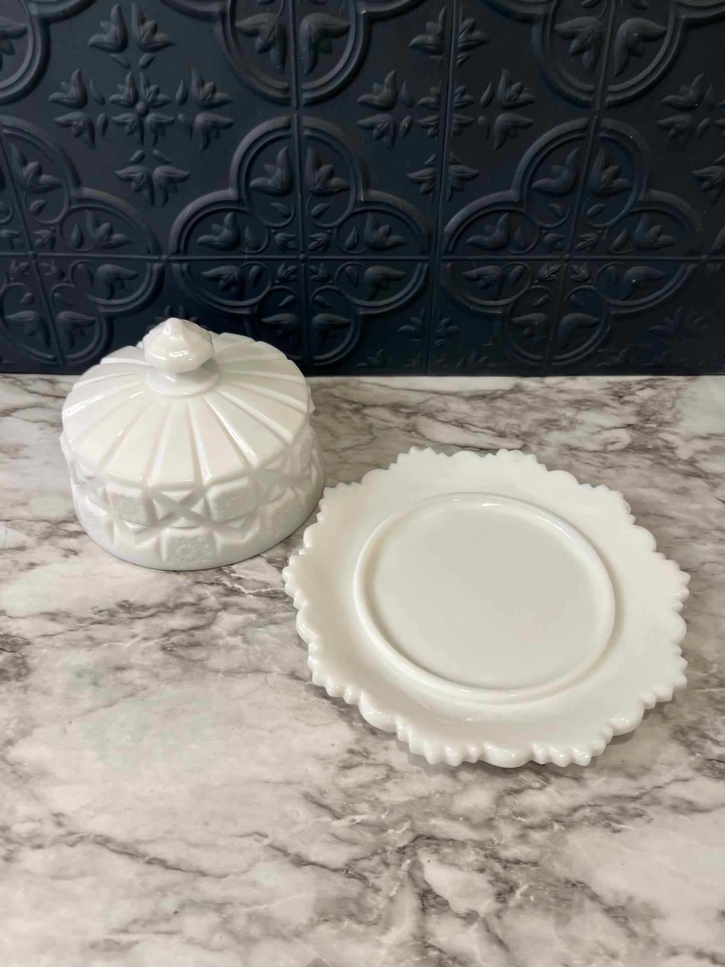 Westmorland Old Quilt Milk Glass Covered Dish