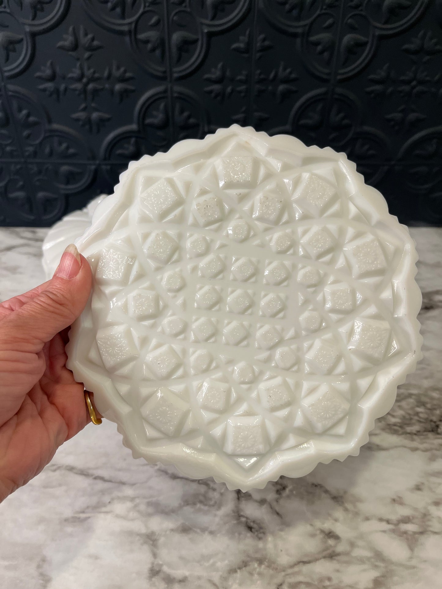 Westmorland Old Quilt Milk Glass Covered Dish