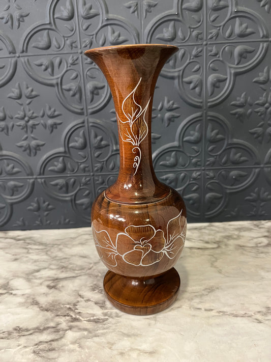 Wood Vase with Flower Design