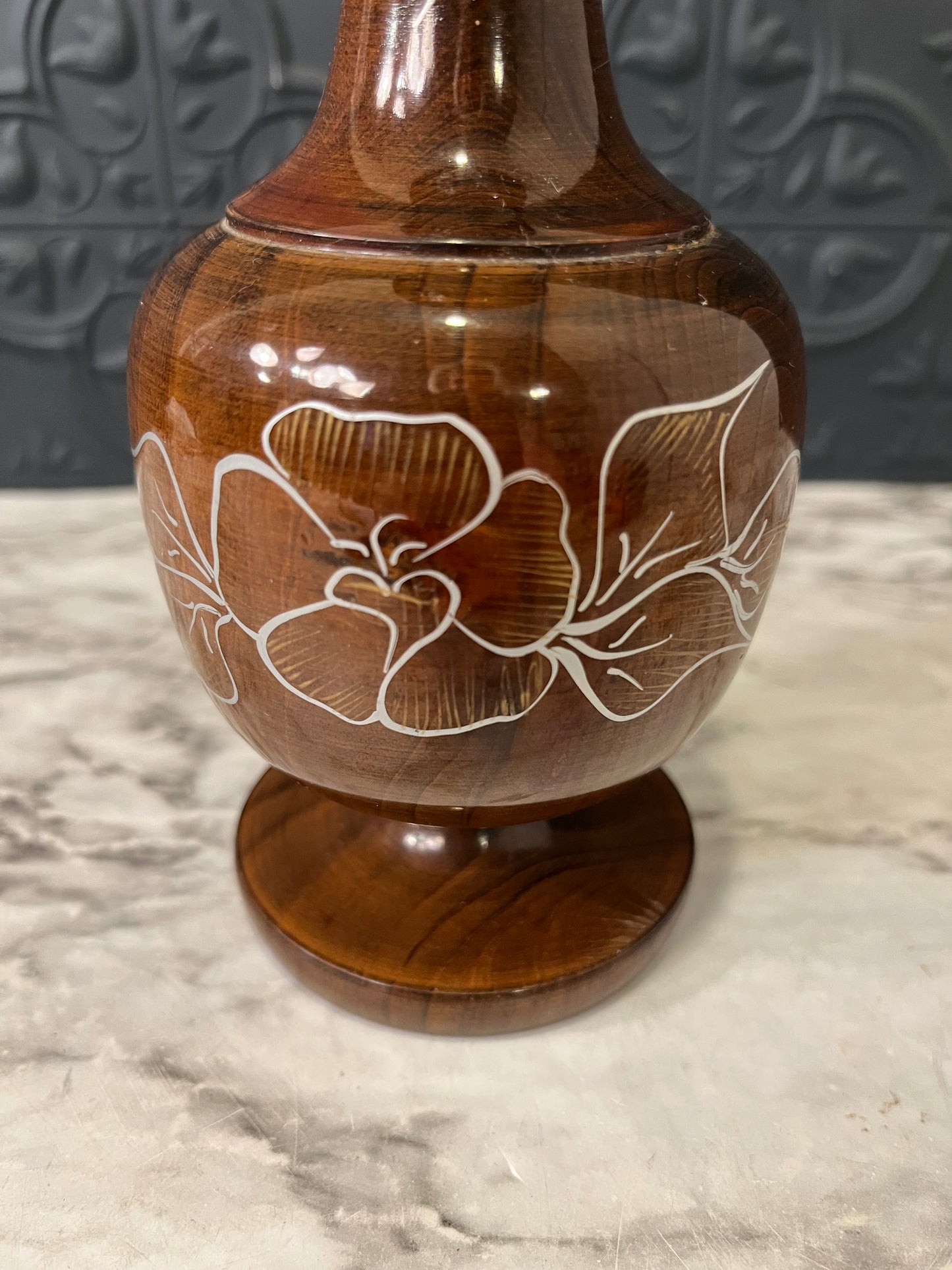 Wood Vase with Flower Design
