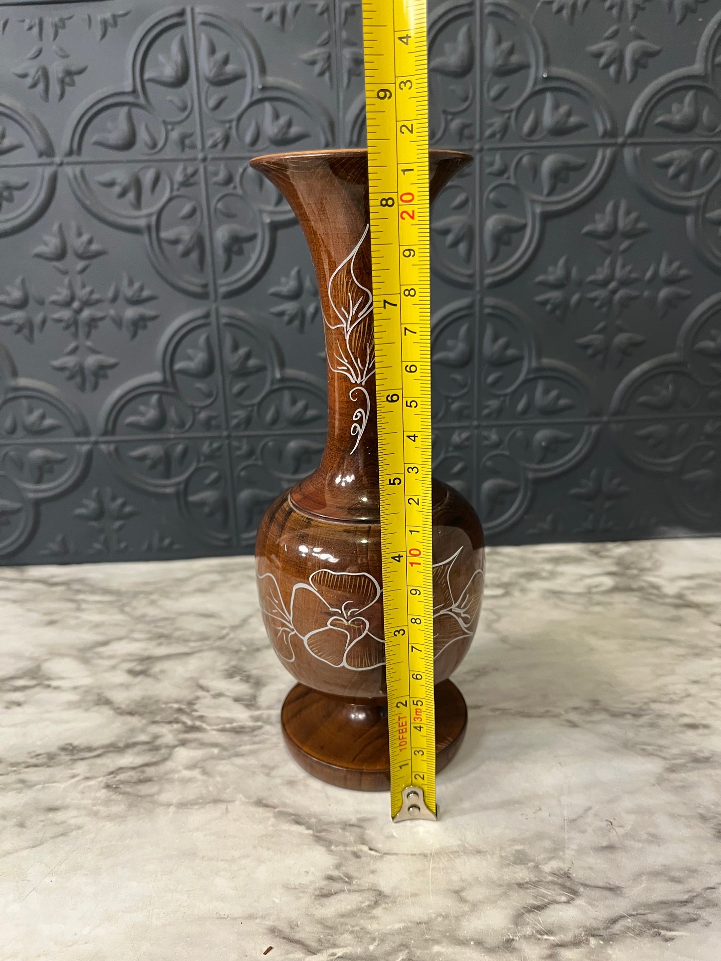 Wood Vase with Flower Design