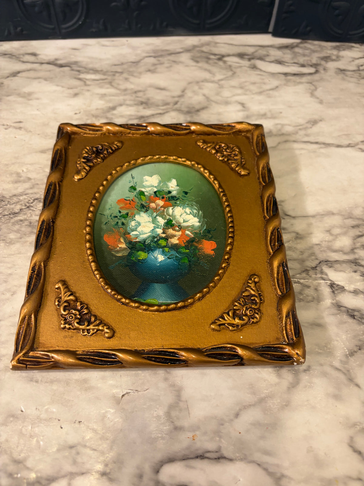 Oval Floral Still Life Painting in Gold Rectangle Frame