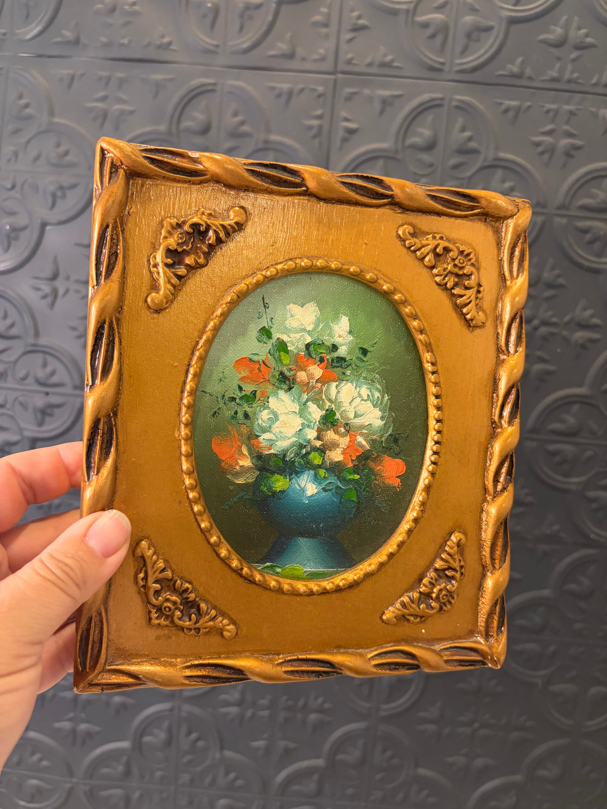 Oval Floral Still Life Painting in Gold Rectangle Frame