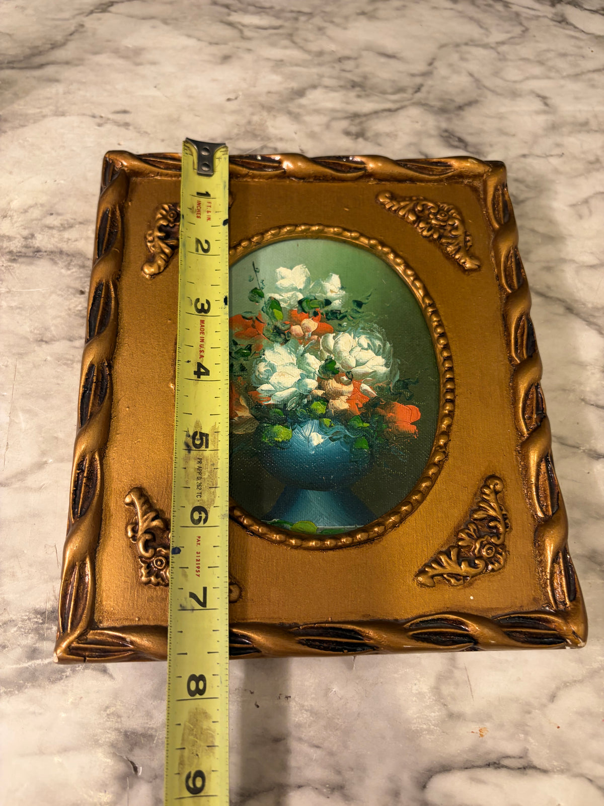 Oval Floral Still Life Painting in Gold Rectangle Frame