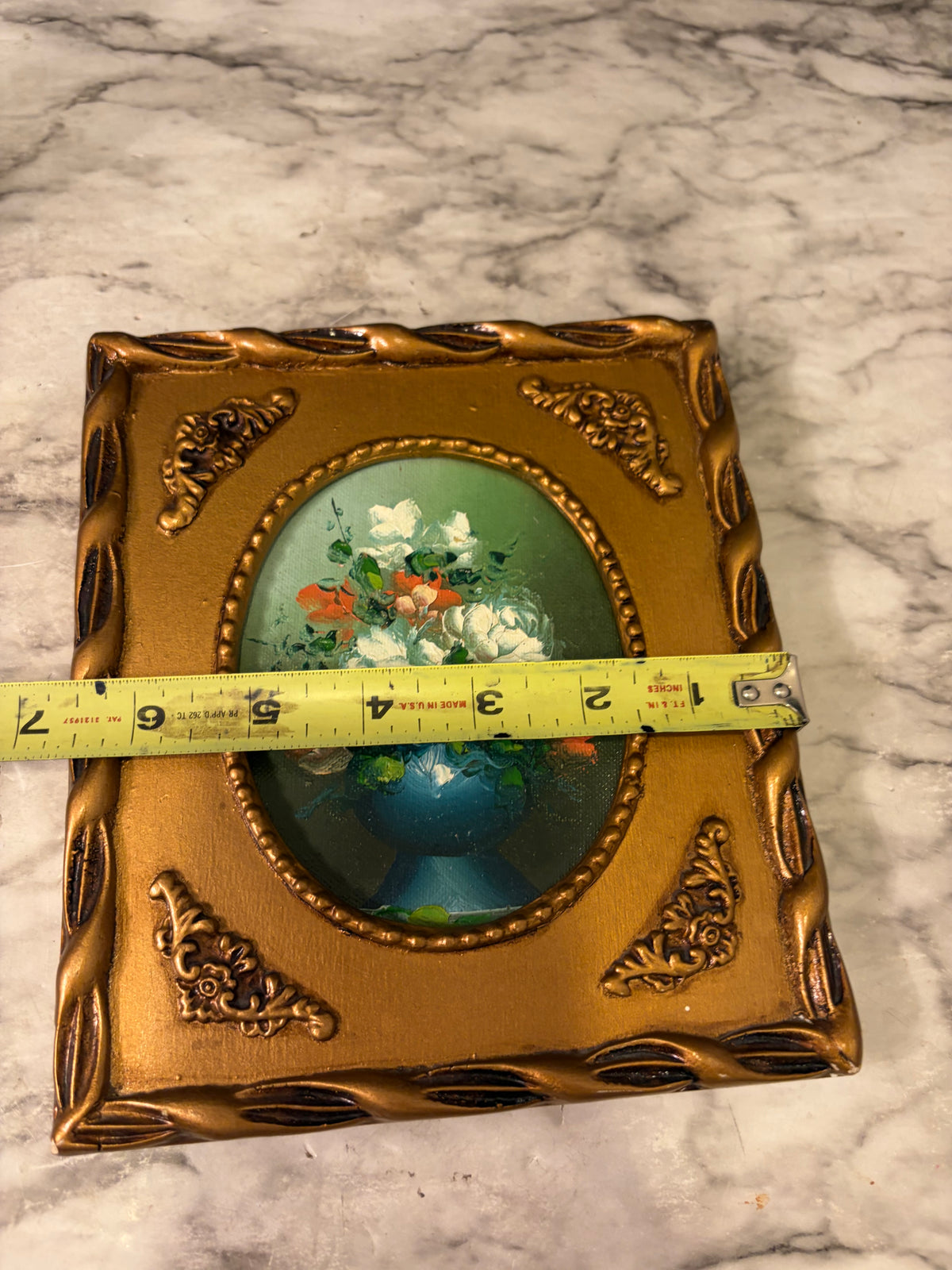 Oval Floral Still Life Painting in Gold Rectangle Frame