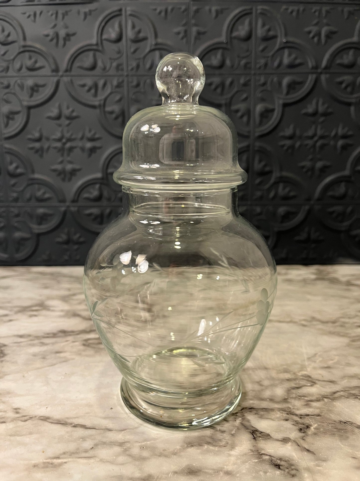 Glass apothecary jar with etching