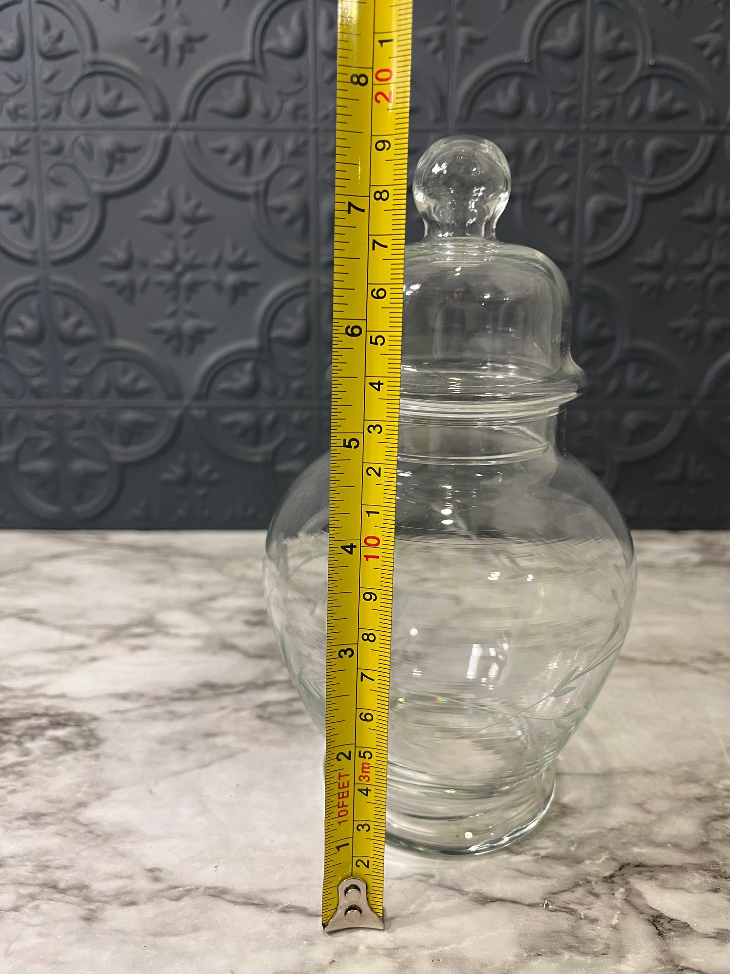 Glass apothecary jar with etching