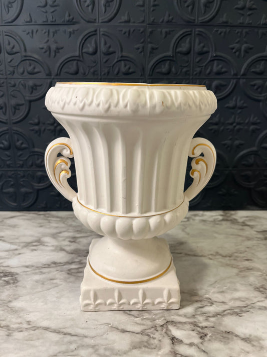 White Ceramic Urn with gold Trim