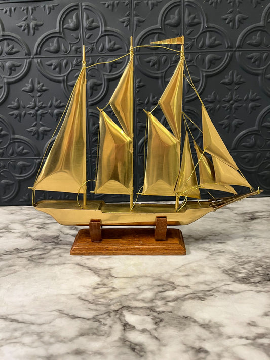 Brass Ship on Wood Base