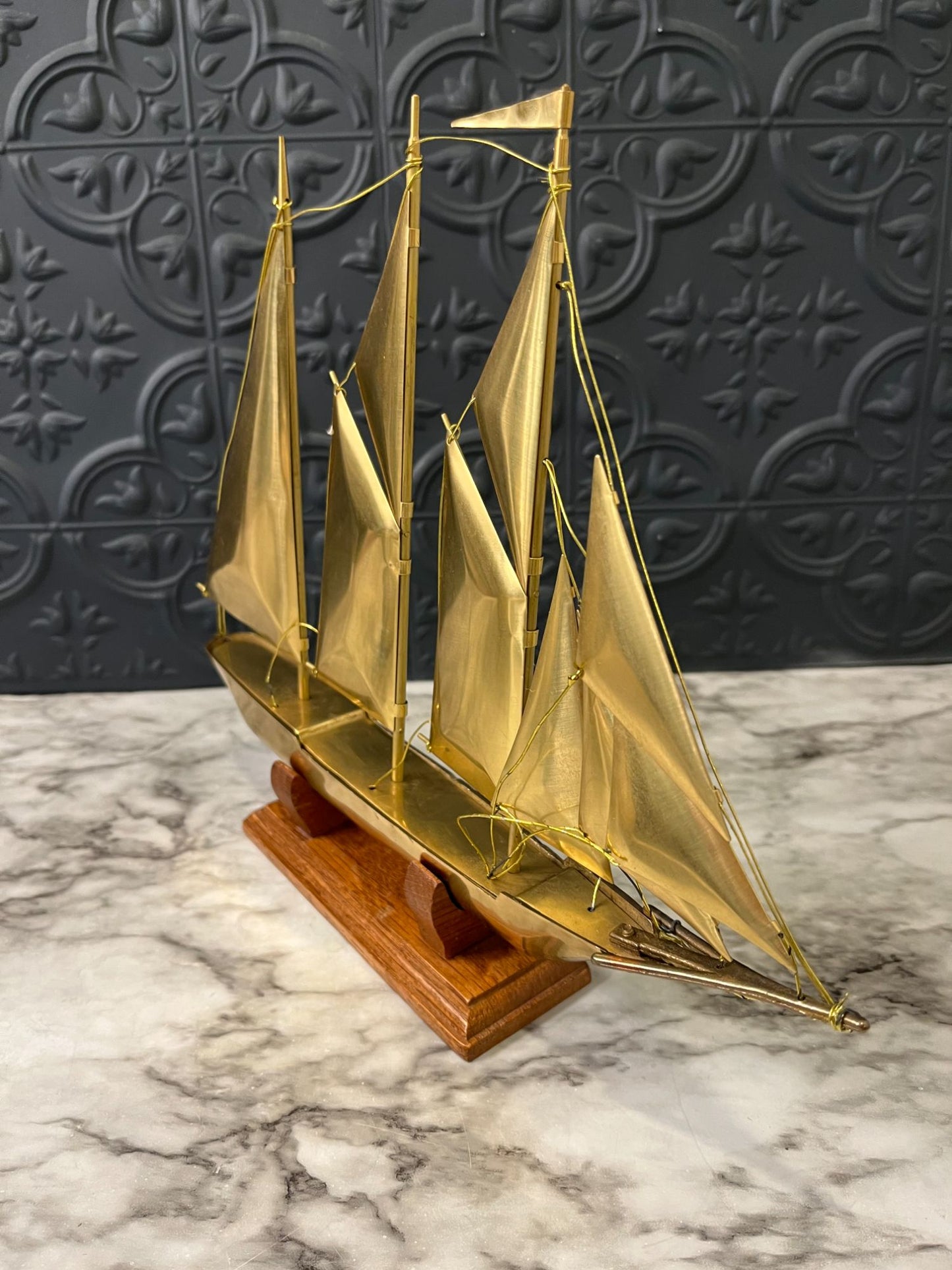 Brass Ship on Wood Base