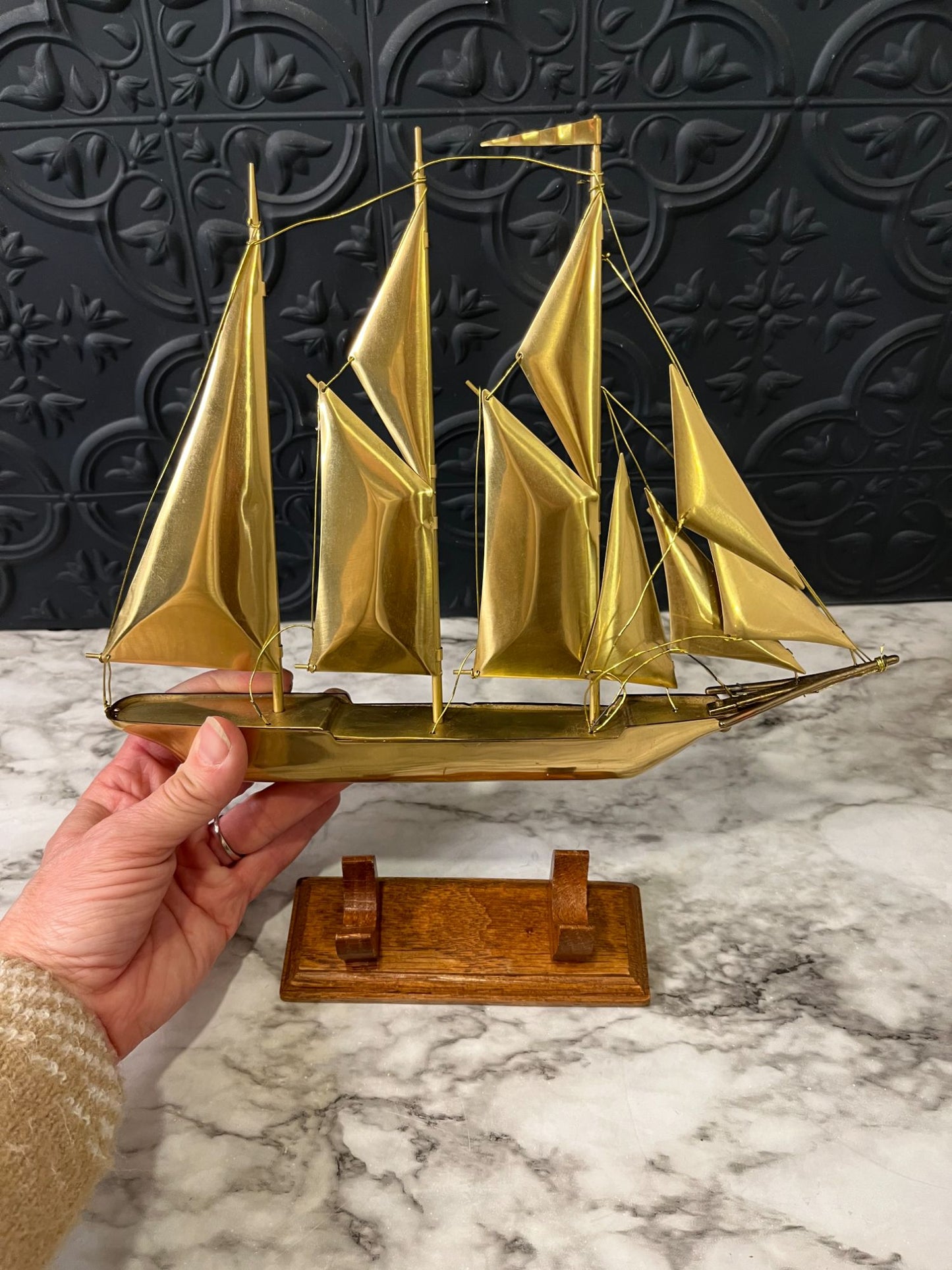 Brass Ship on Wood Base