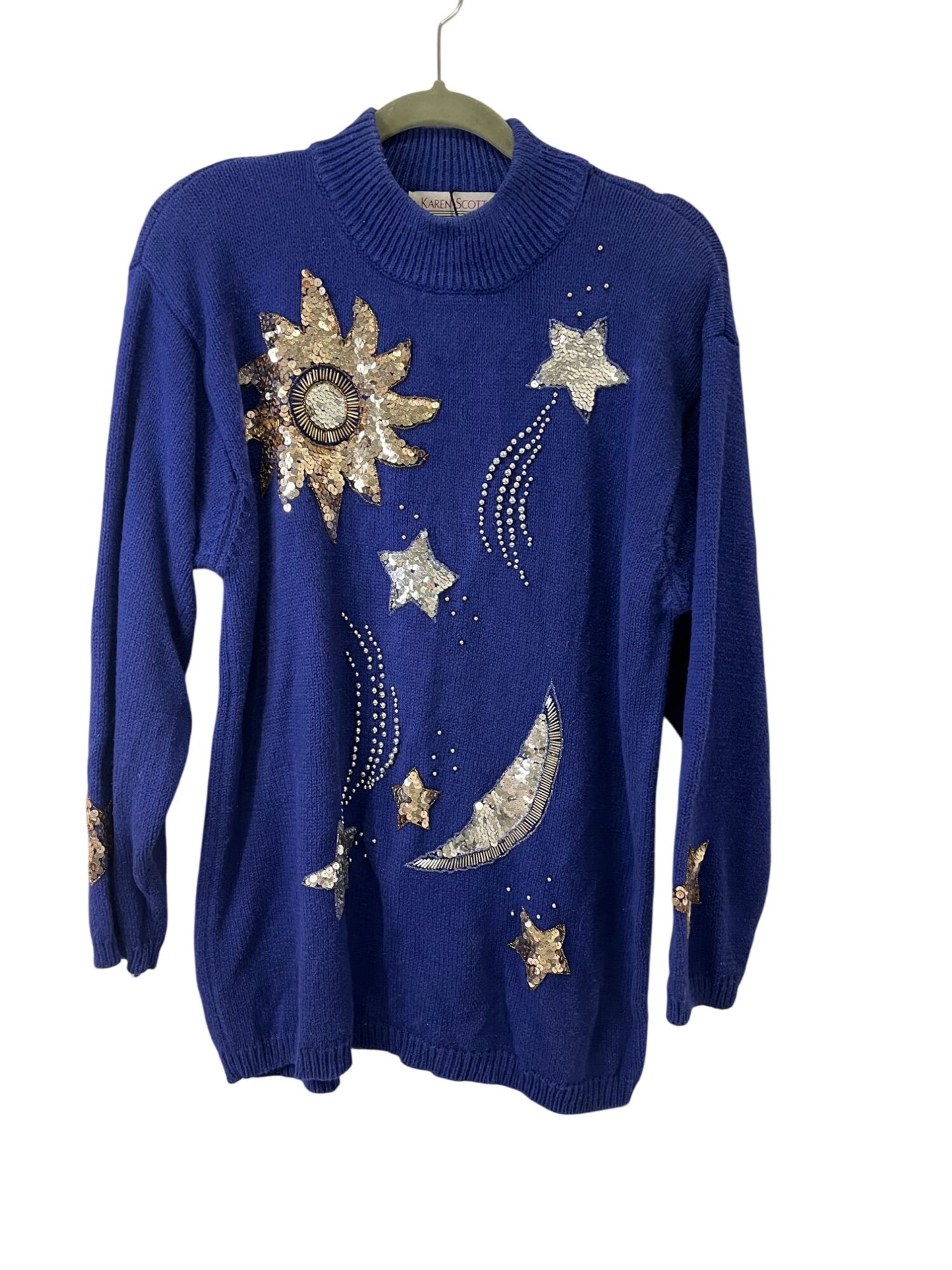 Karen Scott Vintage Blue Sequin Sun & Moon Sweater