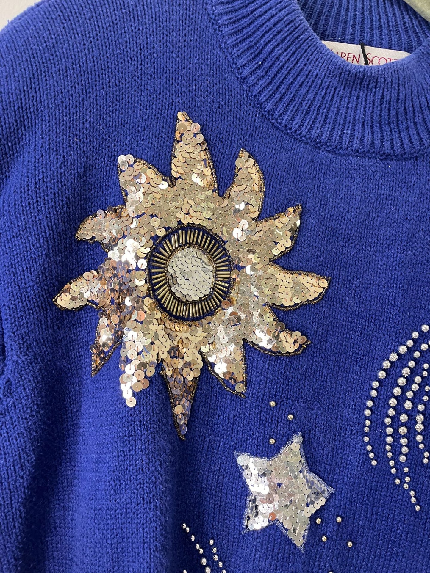 Karen Scott Vintage Blue Sequin Sun & Moon Sweater