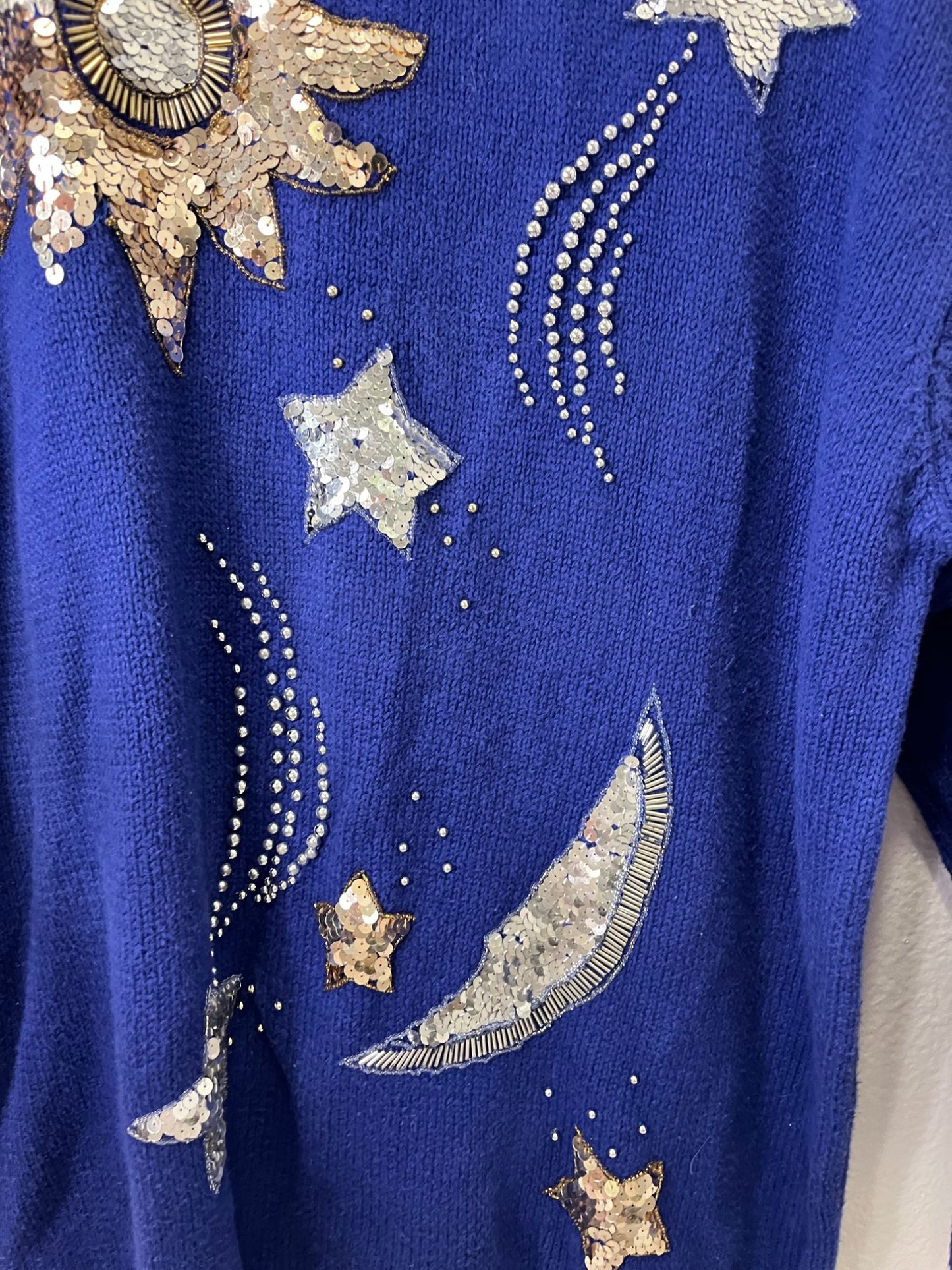 Karen Scott Vintage Blue Sequin Sun & Moon Sweater