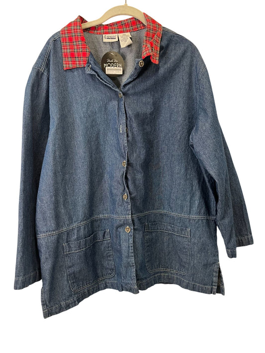 Vintage Capacity Denim Jacket With Red Plaid Collar