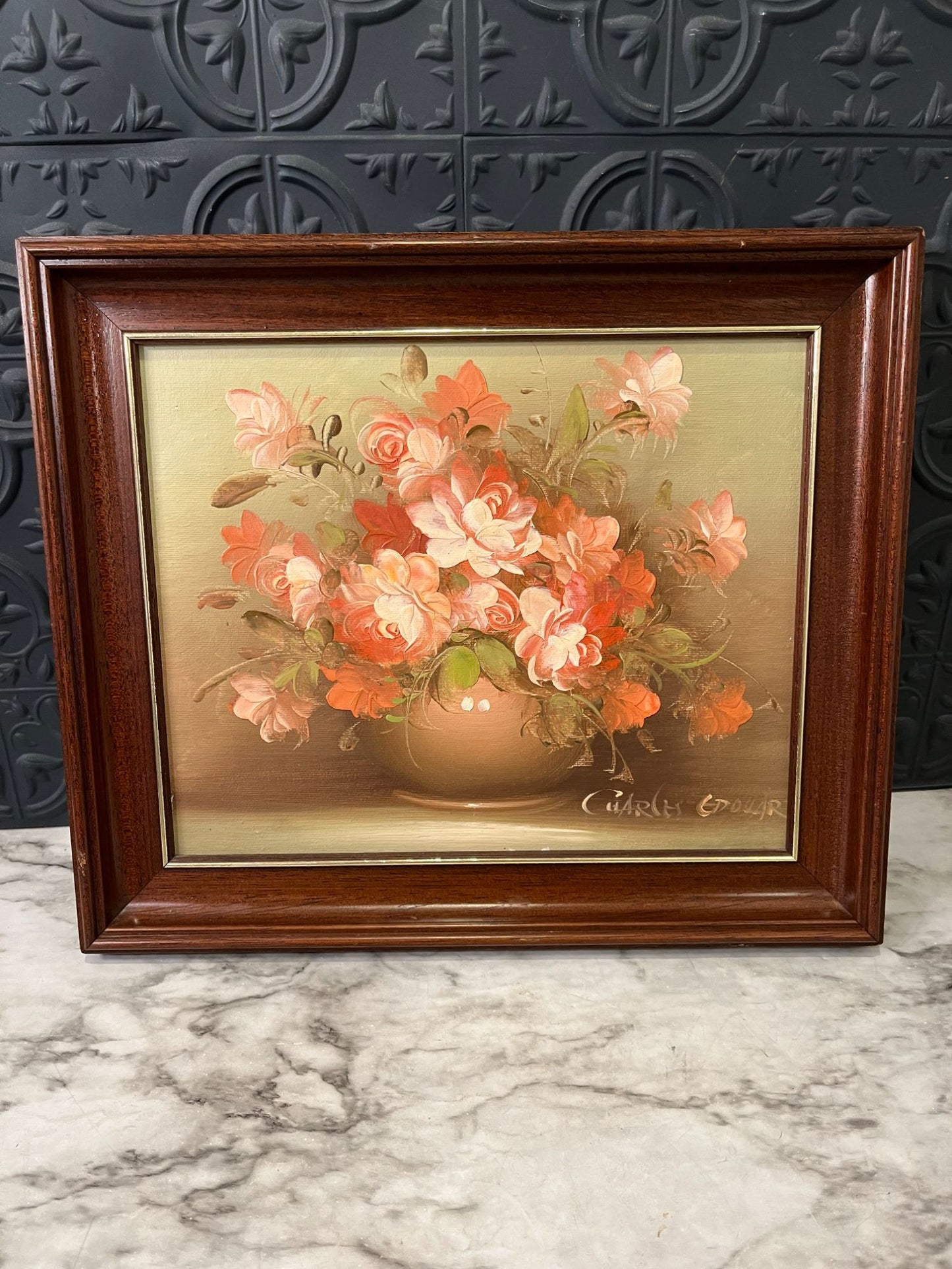 Pink Flower painting in wood frame