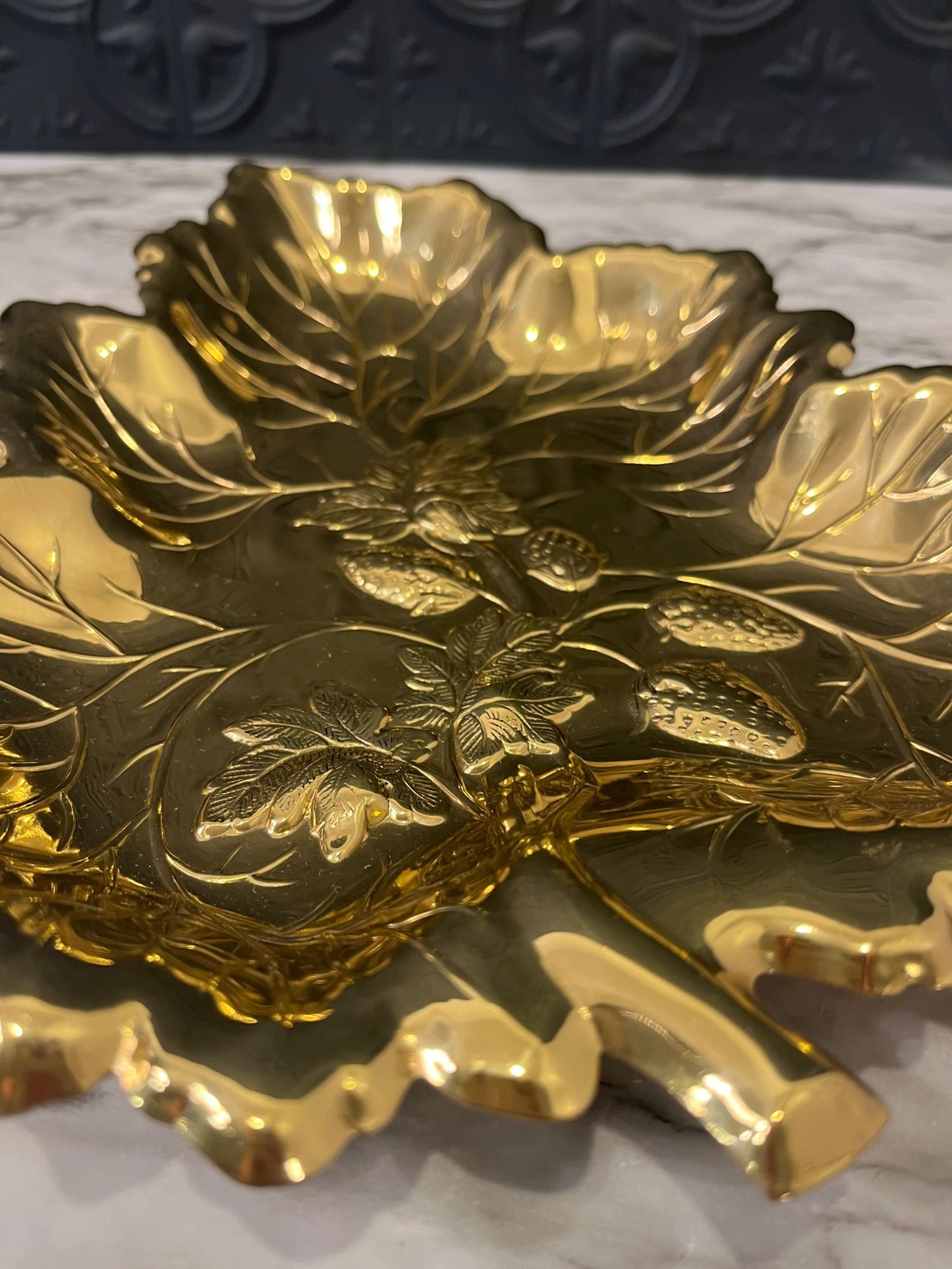 Brass Shaped Leaf Dish with  Strawberries