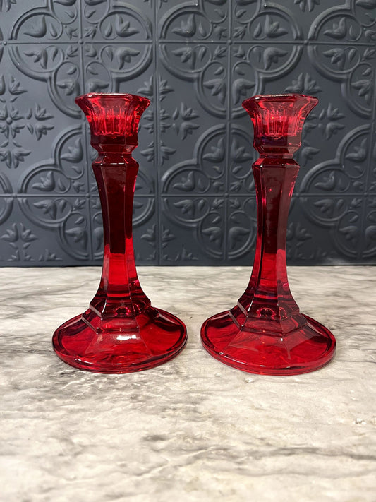 Red Glass Candle Holders x 2