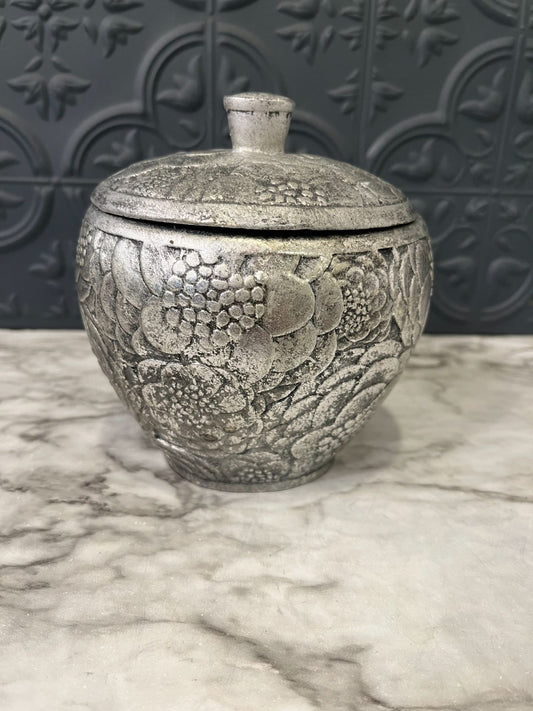 Silver Colored Hand Carved Resin Trinket Bowl With Lid